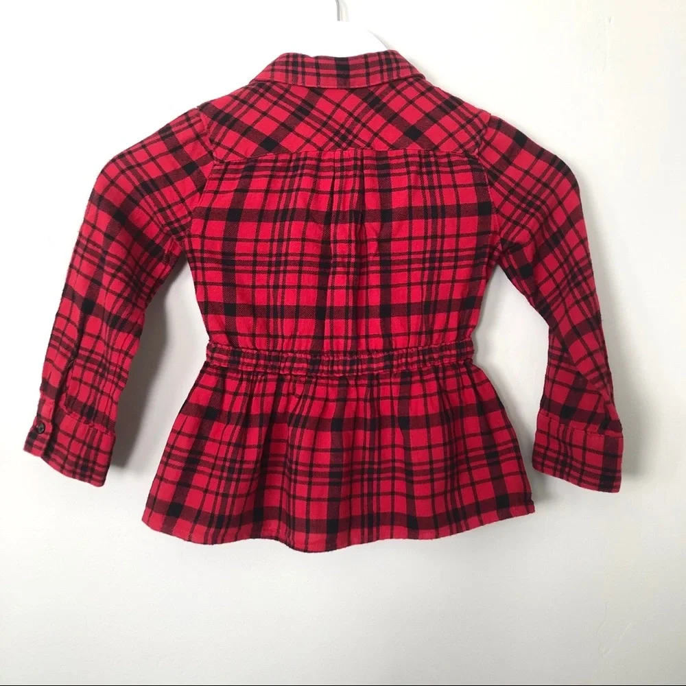 CAT & JACK Toddler Red Black Flannel Plaid Long Sleeve Shirt Sz XS Peplum Cotton
